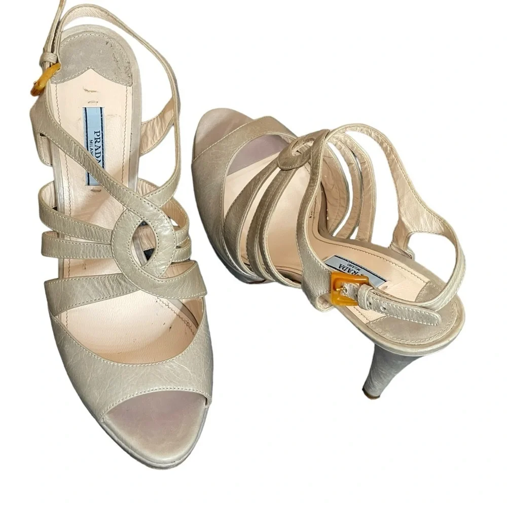 PRADA Women's Heels Calzatore Donna Grey‎ Leather Slingback Sandals size 41(11)